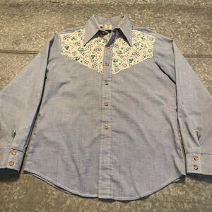 Vintage Alfie California Western Button Up Shirt Mens M/L 70s Retro Quilted Blue
